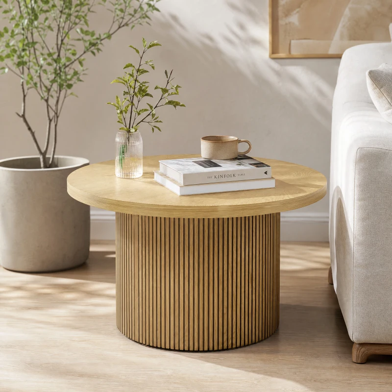 HOMCOM Table basse ronde en bois, table de salon avec piètement cannelé, style moderne, effet bois naturel