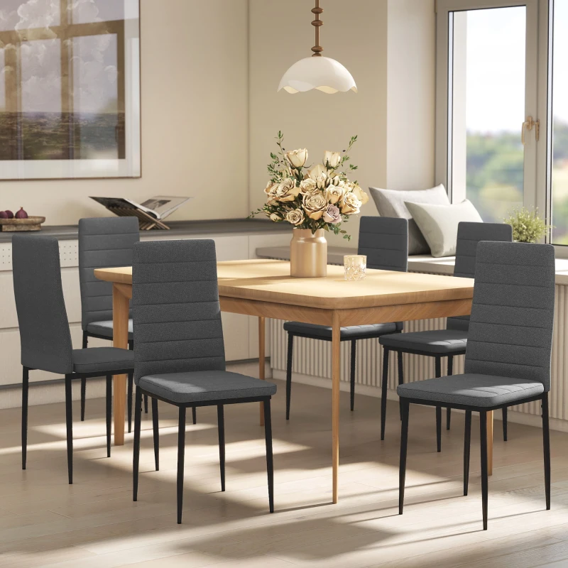 HOMCOM Pack de 6 Sillas de Comedor Modernas Tapizadas en Lino Sintético con Respaldo Alto y Patas de Metal 41x50x97 cm Gris