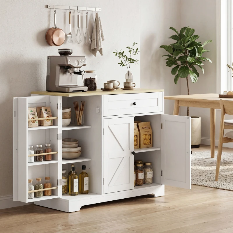 HOMCOM Sideboard, Landhausstil Küchenschrank mit Schiebetüren, 1 Schublade, 2 verstellbaren Einlegeböden, Türregalen