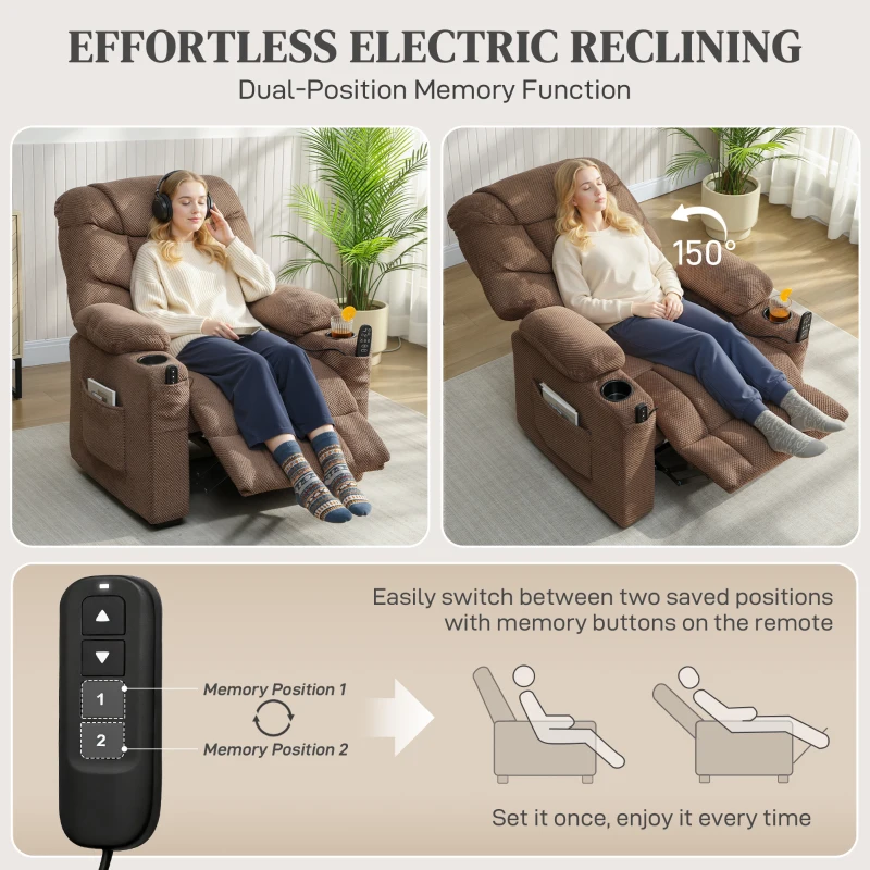 HOMCOM Electric Massage Recliner Armchair with Vibration, Heat, Whisper-Quiet Motor, Memory Function, Fleece Power Reclining Chair with Spring Pack, USB Port, Footrest, Side Pocket, Brown