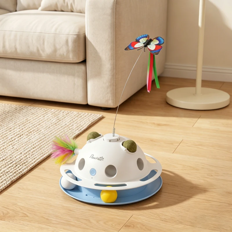 PawHut 4-in-1 Interactive Cat Toys for Indoor Cats Adult with Spinning Butterfly, Shooting Feathers & Catnip Balls