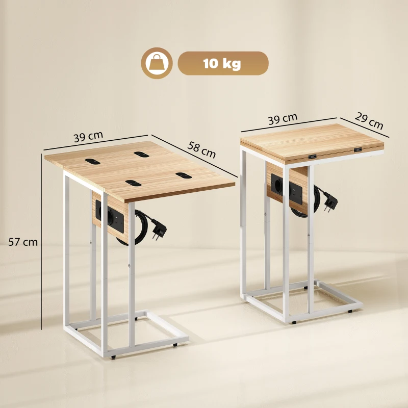 HOMCOM Mesa Auxiliar para Sofá con Encimera Plegable y Estación de Carga Forma de C para Salón Blanco y Natural