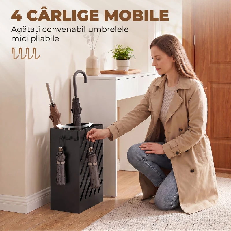 HOMCOM Suport pentru Umbrele de Design cu Tavă pentru Colectarea Picăturilor și 4 Cârlige din Metal, 28x14x41cm, Negru