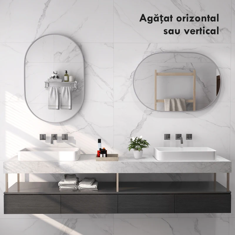HOMCOM Oglindă de Baie Ovală Montabilă pe Perete cu Ramă din Aluminiu, Verticală sau Orizontală, 60x90 cm, Argintiu