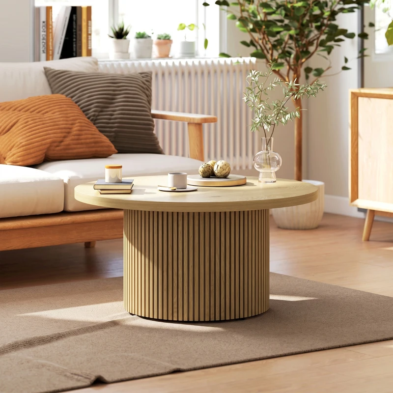 HOMCOM Table basse ronde en bois, table de salon avec piètement cannelé, style moderne, effet bois naturel