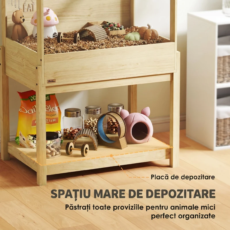 PawHut Cușcă pentru hamster din lemn înaltă cu raft de depozitare capac deschis 83,2 x 50 x 103 cm efect de lemn natural