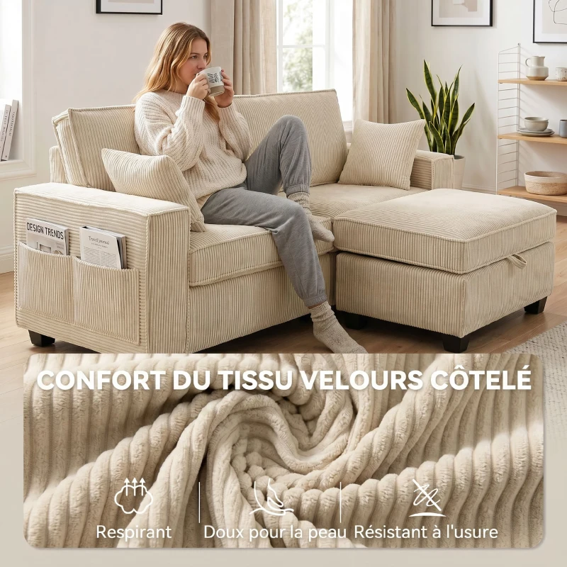 HOMCOM Canapé 3 Places avec Pouf de Rangement, Canapé d'Angle en Velours Côtelé, Assise Large, 2 Coussins, Beige