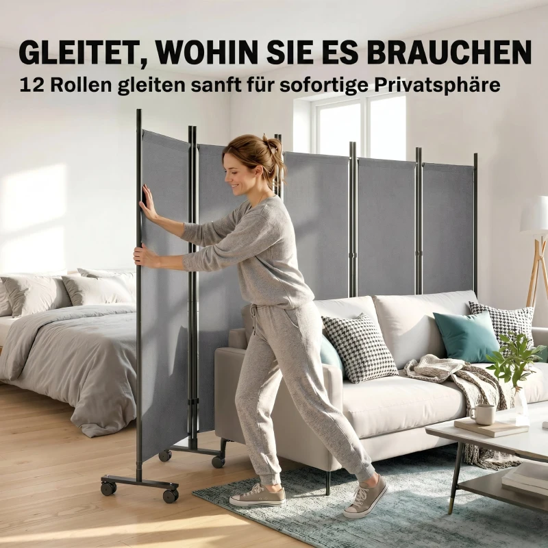 Outsunny Raumteiler 5-teilig 252 x 40 cm Freistehend Paravent mit 12 Rollen Klappbar Trennwand DIY Dunkelgrau