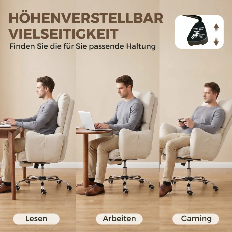 HOMCOM Bürostuhl mit Fußstütze, Ergonomischer Drehstuhl mit Wippfunktion, Verstellbarer Hohe Rückenlehne, Schneeflanellstoff