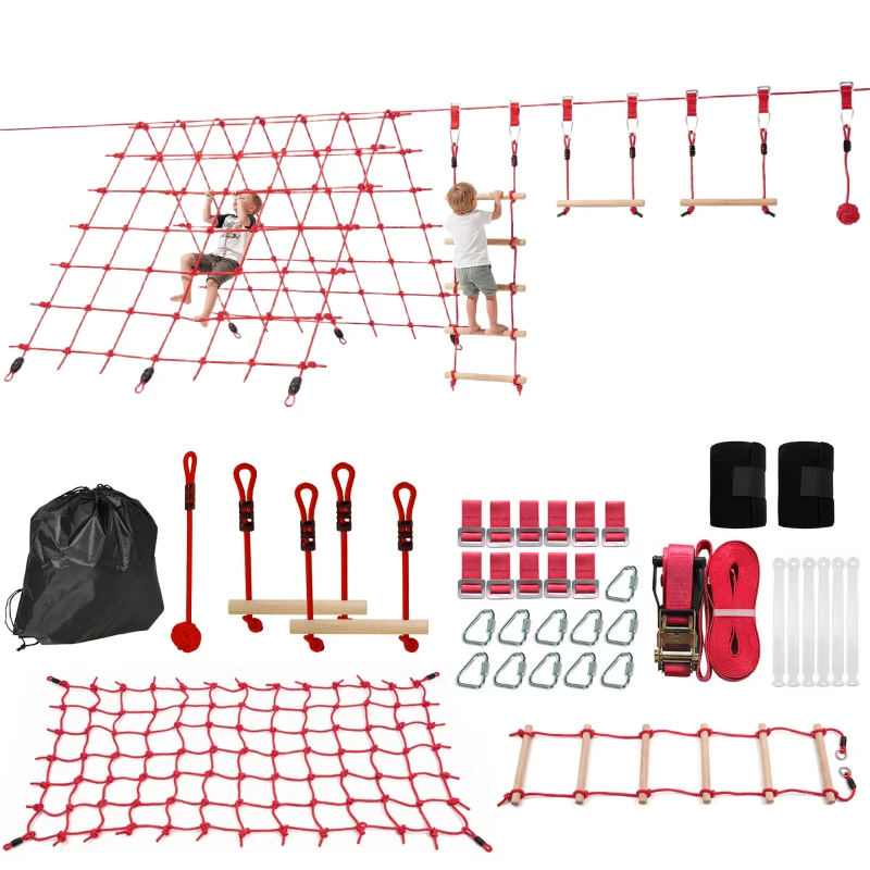 AIYAPLAY Ninja Line Kinder 10m Slackline Set mit Turnringe Schaukel Kletterleiter Kletternetz für 3-6 Jahre 1000x300x180 cm Rot