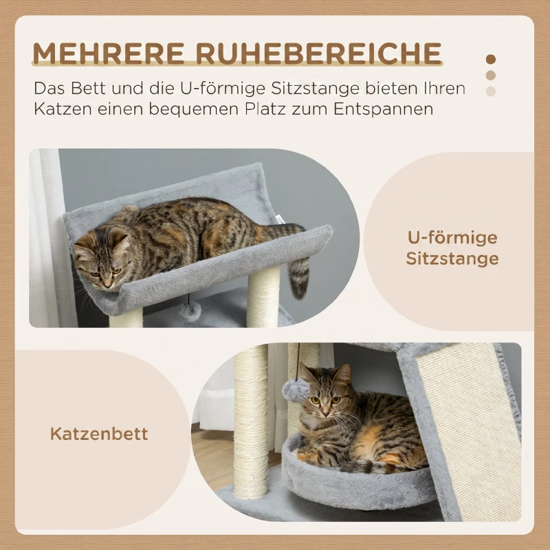 PawHut Kratzbaum Katzenbaum, inkl. Spielzeug und Katzenbett, 60 cm x 30 cm x 76 cm, Hellgrau