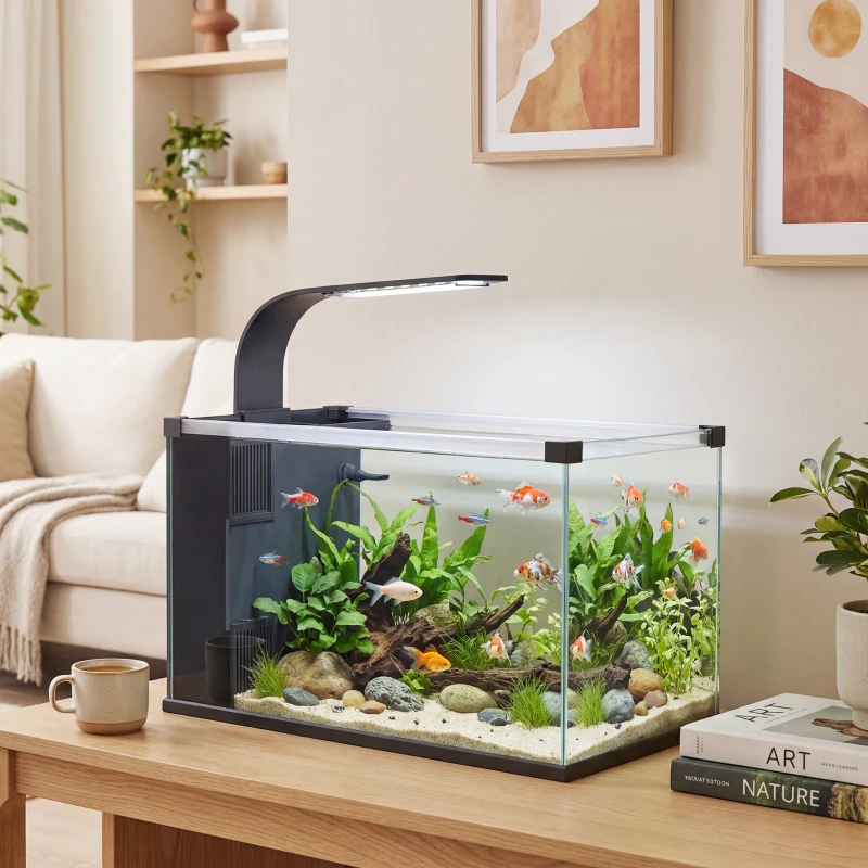 PawHut Acvariu, 24L din Sticlă Securizată cu Filtru, Lumină LED și Pompă de Apă