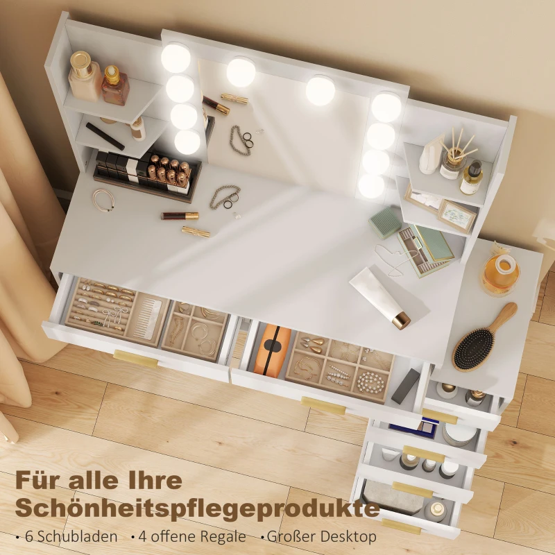 HOMCOM Schminktisch mit beleuchtetem Spiegel und gepolstertem Hocker, Schminkset mit 6 Schubladen und Ablagen, Weiß