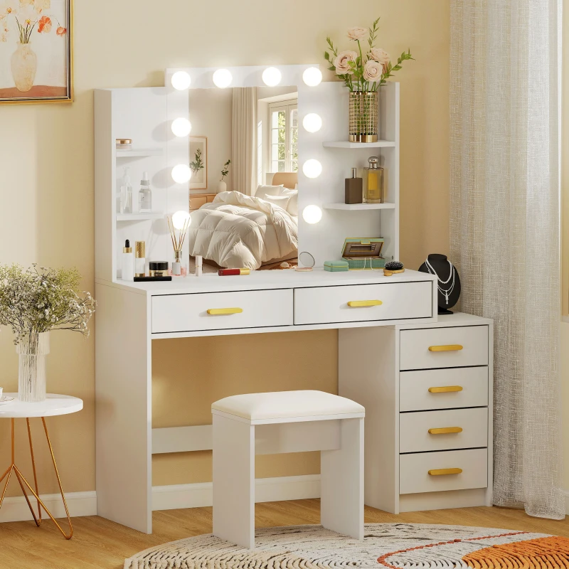HOMCOM Schminktisch mit beleuchtetem Spiegel und gepolstertem Hocker, Schminkset mit 6 Schubladen und Ablagen, Weiß
