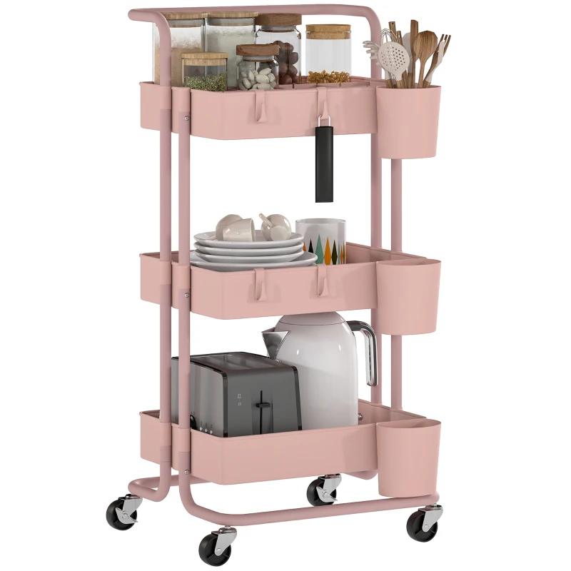 HOMCOM Chariot à 3 niveaux desserte avec 4 crochets et 3 boîtes suspendues amovibles pour 42 x 38 x 86,5 cm rose
