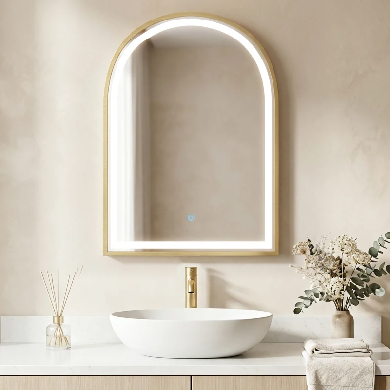 HOMCOM Armoire murale salle de bain avec miroir et éclairage LED, porte arquée, anti-buée, 50x14,5x70cm, doré