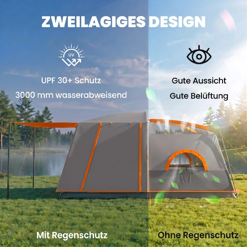 Outsunny Tente de camping familiale 4 personnes, tente tunnel, portes + fenêtres, 4,3 x 3 x 1,95 m, gris foncé