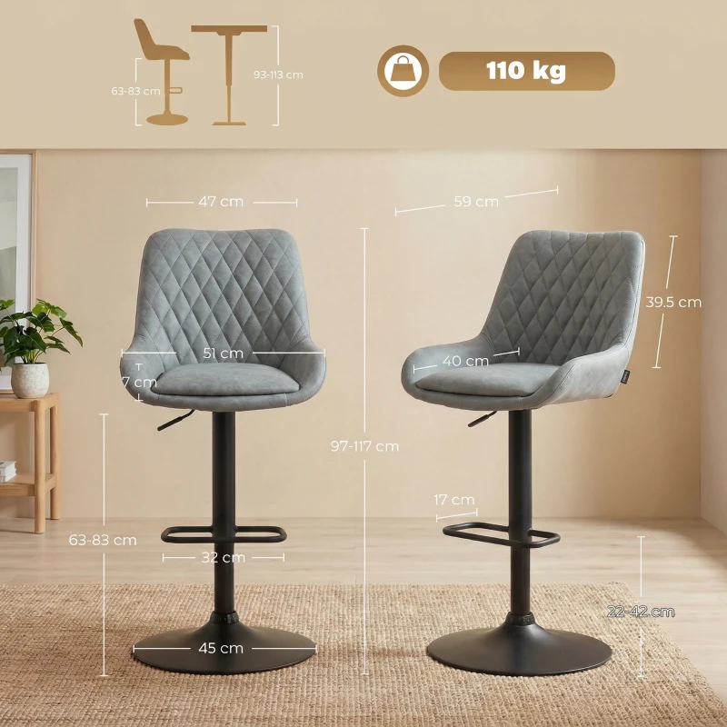 HOMCOM Set of Two Faux Leather Retro Bar Stools - Light Grey