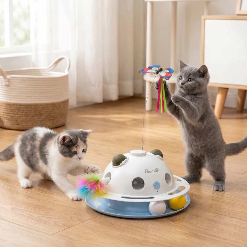 PawHut 4-in-1 Interactive Cat Toys for Indoor Cats Adult with Spinning Butterfly, Shooting Feathers & Catnip Balls