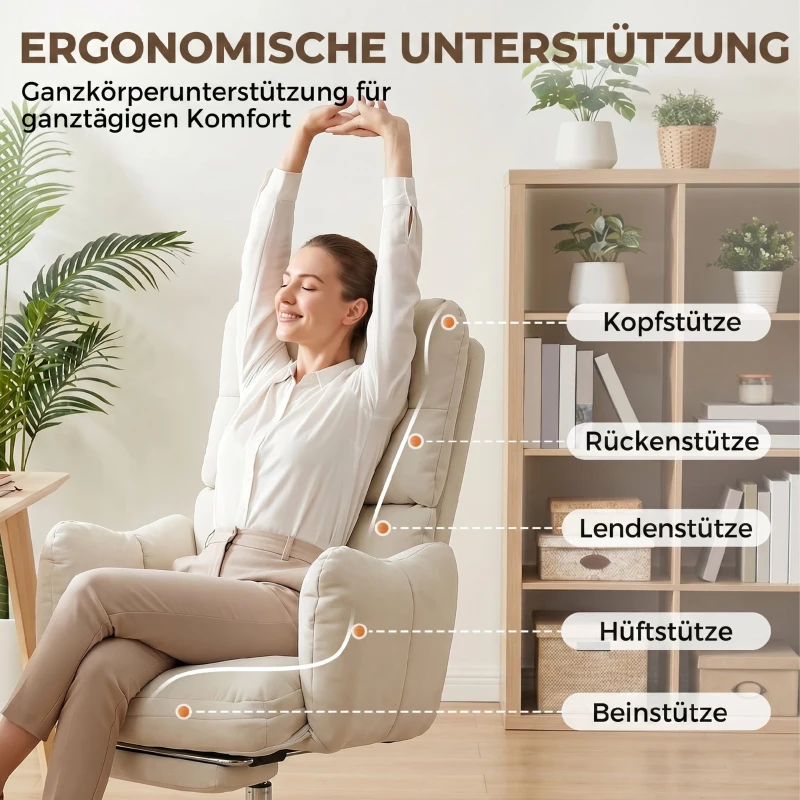 HOMCOM Bürostuhl mit Fußstütze, Ergonomischer Drehstuhl mit Wippfunktion, Verstellbarer Hohe Rückenlehne, Schneeflanellstoff