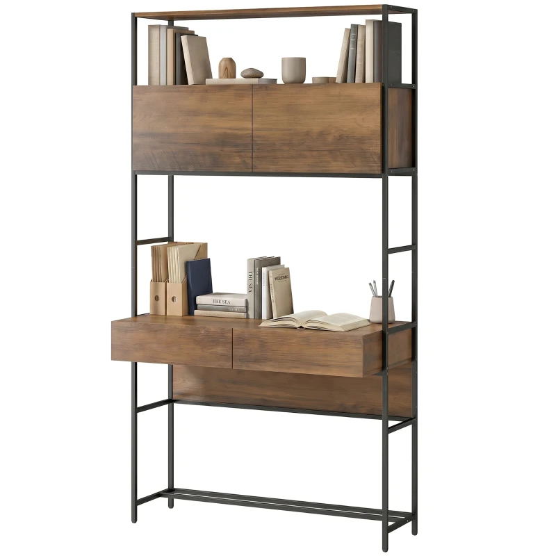 HOMCOM Computertisch mit Regalen und 2 Schubladen für das Home Office, 185 cm hoch, Braun Holzoptik
