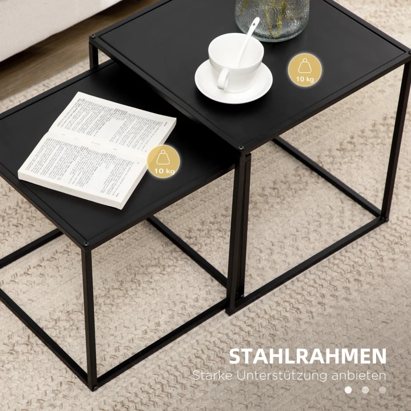 HOMCOM bijzettafel, salontafel, gedekte tafel, set van 2, modern design, stalen frame, zwart, 40 x 40 x 40 cm