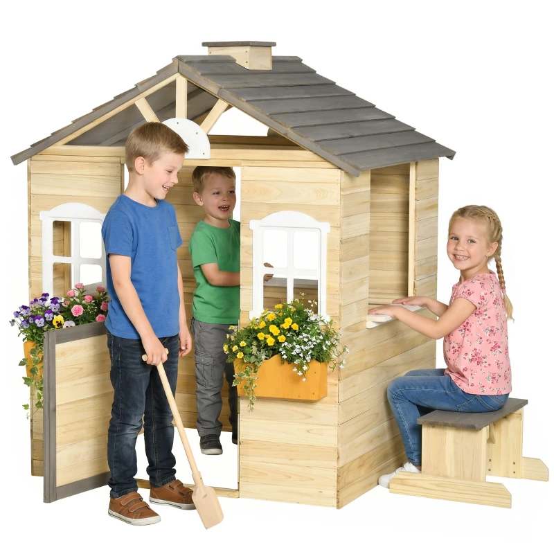 Outsunny Căsuță pentru copii 3-7 ani cu 2 ferestre, suport pentru ghivece și bancă, din lemn de brad și PP, 113Lx94x134.5 cm(m-14)