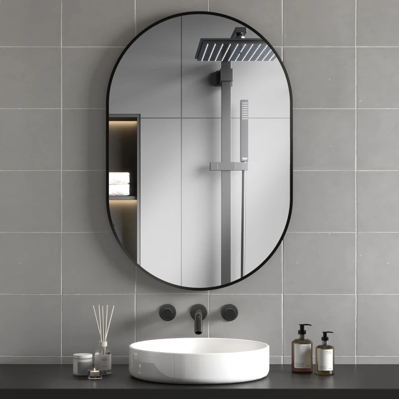 HOMCOM Miroir ovale mural cadre en aluminium style minimaliste montage vertical ou horizontal avec 3 crochets 60 x 90 cm noir