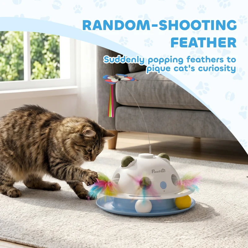 PawHut 4-in-1 Interactive Cat Toys for Indoor Cats Adult with Spinning Butterfly, Shooting Feathers & Catnip Balls