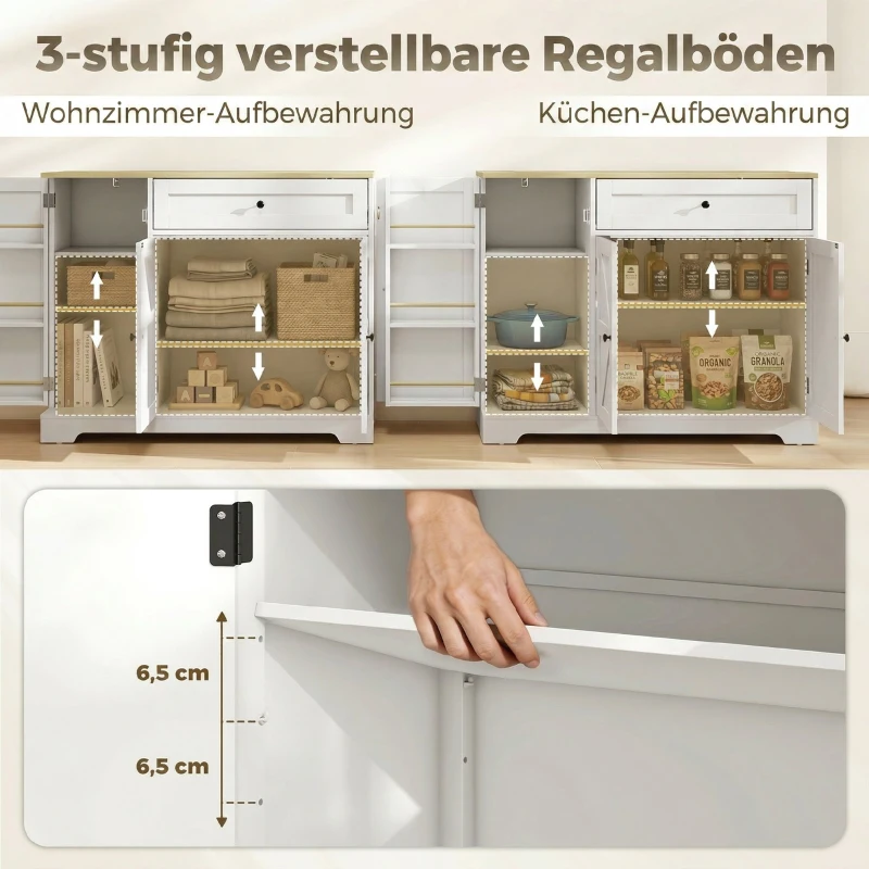 HOMCOM Sideboard, Landhausstil Küchenschrank mit Schiebetüren, 1 Schublade, 2 verstellbaren Einlegeböden, Türregalen