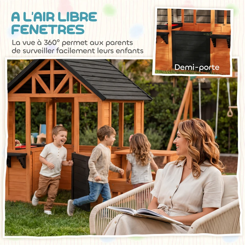 AIYAPLAY Cabane enfant extérieur en bois maison enfant extérieure table bancs évier porte fenêtre supports de fleurs marron