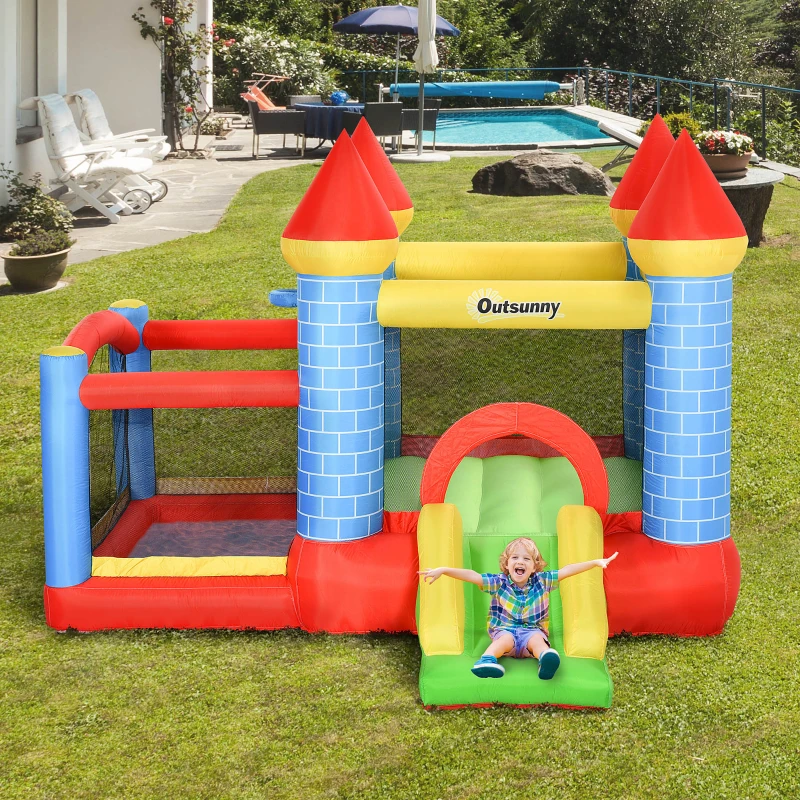 Outsunny opblaasbaar springkasteel met glijbaan voor 3 kinderen springkasteel met blazer speelkasteel, rood, blauw, groen 280 x 260 x 210 cm