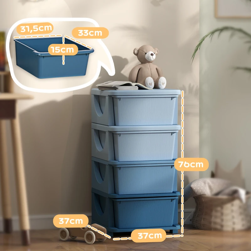 HOMCOM Torre de Almacenamiento Infantil con 4 Cajones para Niños de +3 Años con Bordes Redondeados y Asas 37x37x76 cm Azul