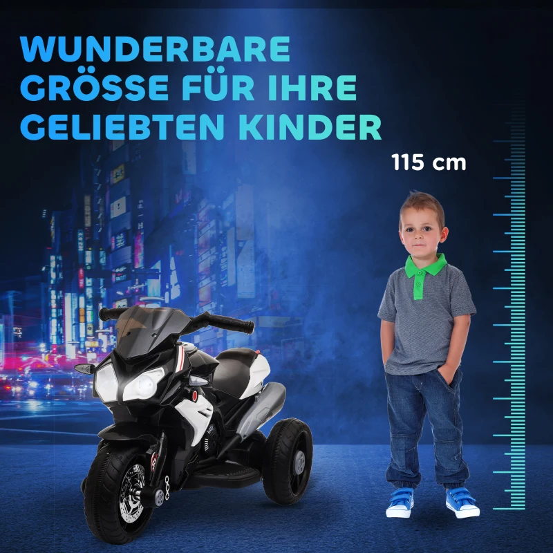 HOMCOM Elektrische kindermotorfiets, verlichting & geluiden, 3 km/u, oplaadbaar, kunststof & metaal, Zwart/Wit