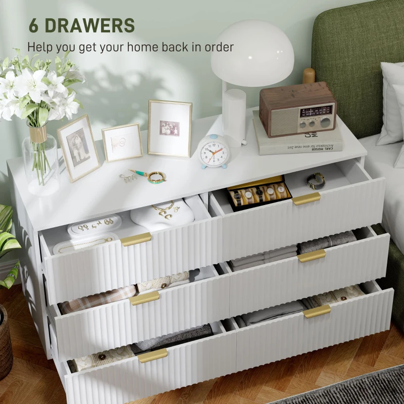 HOMCOM Cassettiera 6 Cassetti Moderna con Maniglie Dorate, 120x40x76.5cm, Bianco