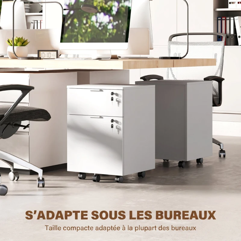 HOMCOM Caisson de bureau, meuble de rangement 2 tiroirs 2 barres pour dossier suspendu, verrouillable avec 2 clés 42x40x60 cm