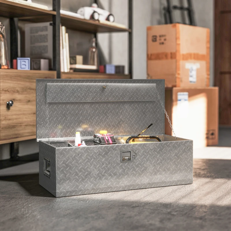 HOMCOM Cutie pentru Scule de 43L din Aluminiu cu Încuietoare, 2 Chei și Mâner Lateral, 76,2x33x24,4 cm, Argintiu
