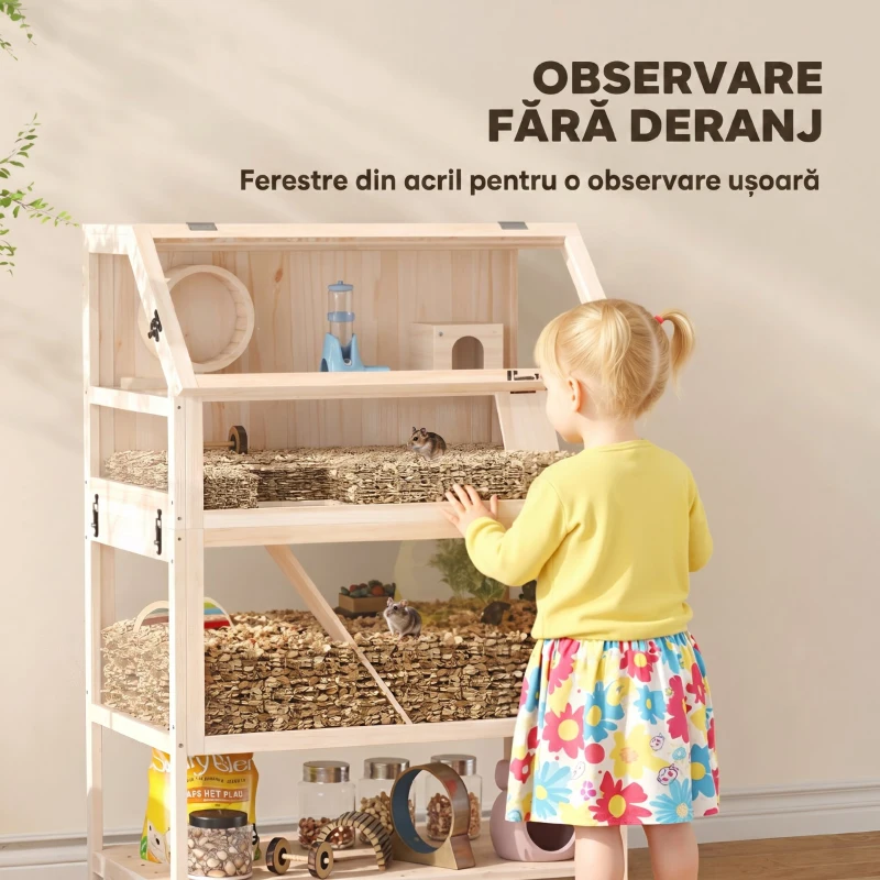 PawHut Cușcă pentru hamster din lemn 3 etaje Cușcă pentru rozătoare cu podea detașabilă Raft Roată Balansoar Rampă Căsuță 80x53x117cm Lemn natural