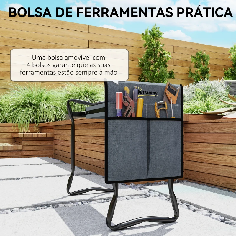 Outsunny Banco de Jardim Dobrável com Almofada de Espuma EVA Saco para Ferramentas 58x28x49 cm Cinzento