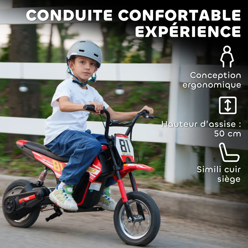 AIYAPLAY Moto électrique enfants 24V, moteur 250W, vitesse 6,4-16 km/h, pour enfants 8-12 ans, suspension arrière, rouge