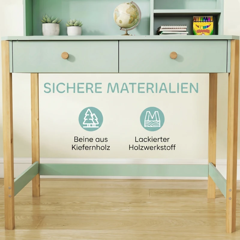 AIYAPLAY Kinderschreibtisch Schülerschreibtisch mit Schubladen Regal Stauraum für 5-12 Jahre Kinder 90 x 52 x 105 cm Grün
