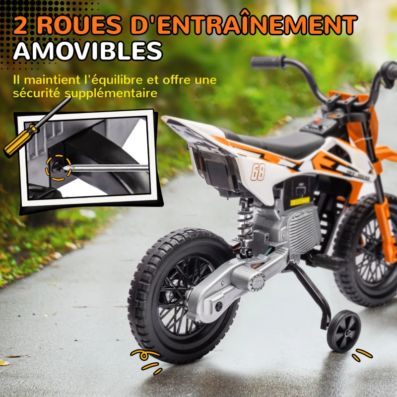 AIYAPLAY Moto électrique pour enfant moto cross pour enfants de 3 à 6 ans 2 moteurs 12V vitesse 5 km/h 109,5x60x72,5cm orange