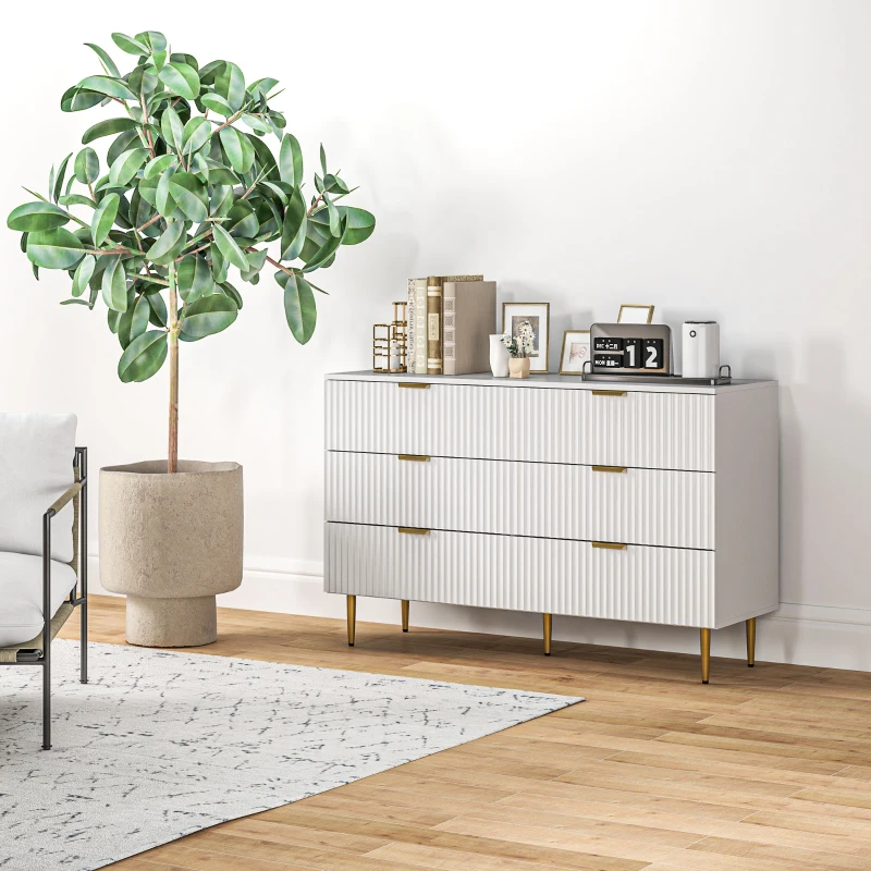 HOMCOM Cassettiera 6 Cassetti Moderna con Maniglie Dorate, 120x40x76.5cm, Bianco