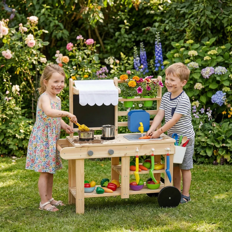 AIYAPLAY Mud Kitchen with Real Water Faucet Pretend Play Kitchen Playset with Sink and Storage Natural Wood