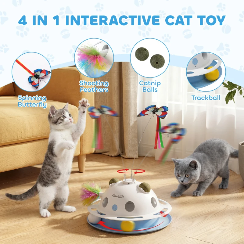PawHut 4-in-1 Interactive Cat Toys for Indoor Cats Adult with Spinning Butterfly, Shooting Feathers & Catnip Balls