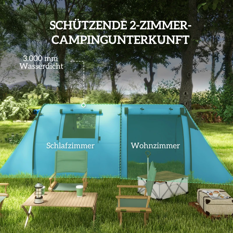 Outsunny Campingzelt für 3-4 Personen stabil wasserdicht Familienzelt mit Schlafzimmer Wohnzimmer 3000mm Wassersäule Himmelblau