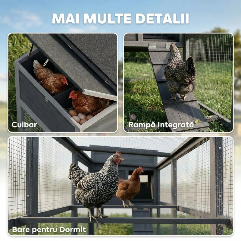 PawHut Cotet pentru găini Cotet pentru 3-4 găini cu țarc Cuibar Acoperiș din asfalt Husă Oxford Sertar glisant 264x82x89cm Gri