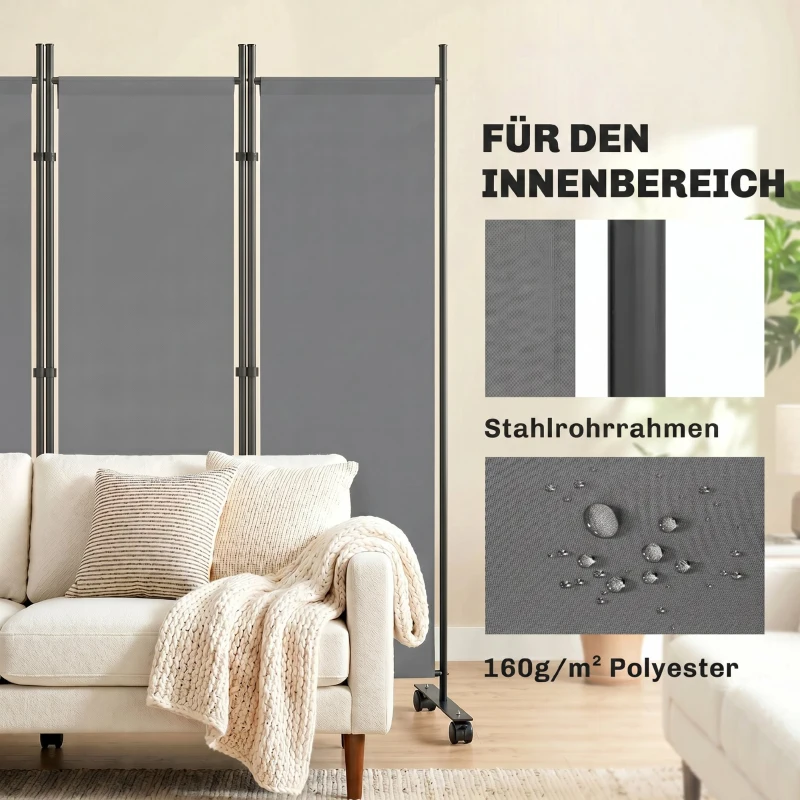 Outsunny Raumteiler 5-teilig 252 x 40 cm Freistehend Paravent mit 12 Rollen Klappbar Trennwand DIY Dunkelgrau