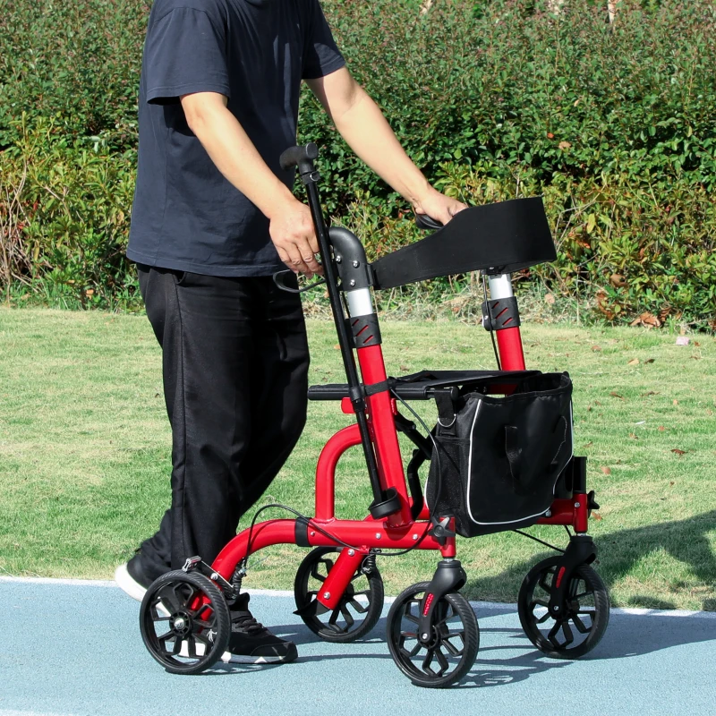 HOMCOM Lightweight Walking Frame, Folding Rollator Walker with Seat and Backrest, Red