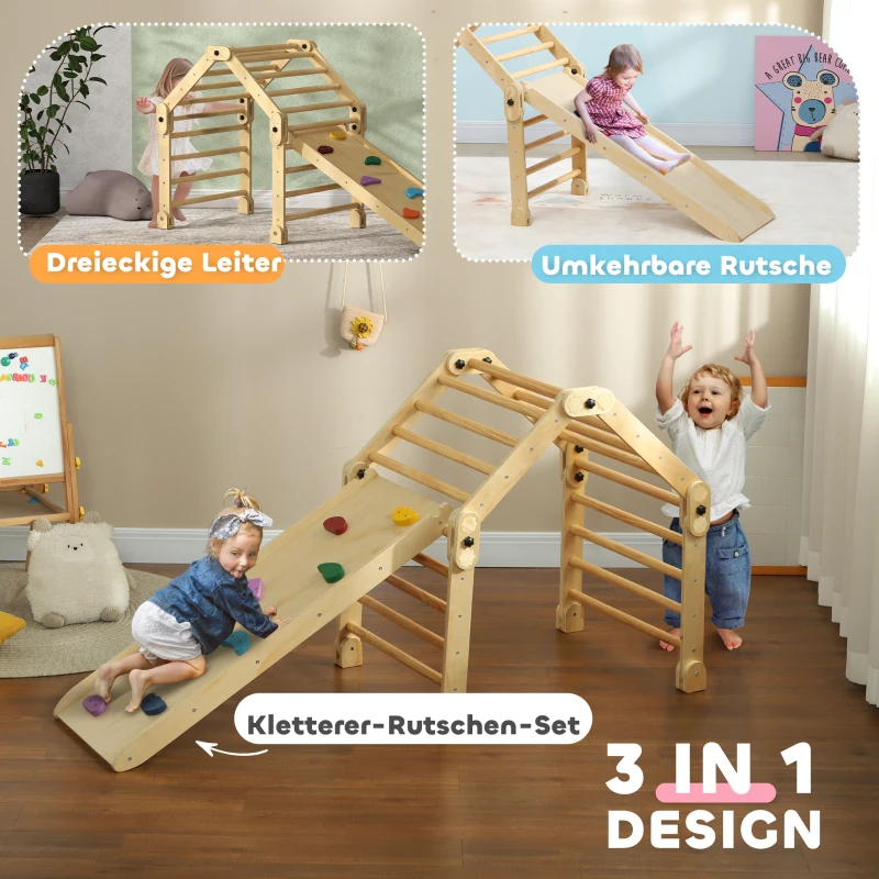 AIYAPLAY 3-in-1 Klimrek, opvouwbaar, Ladder & Glijbaan/Klimmuur, Hout, voor Kinderen van 1,5-4 Jaar(m-4)